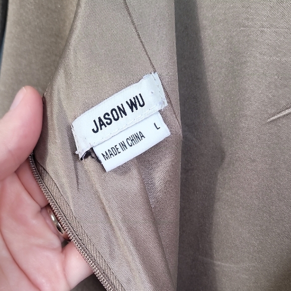 Jason Wu Engracia Plunge Long Sleeve Midi Dress Size L Tan Formal Low Back Bodyc - Picture 8 of 16